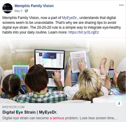 Facebook post by Memphis Family Vision about digital eye strain